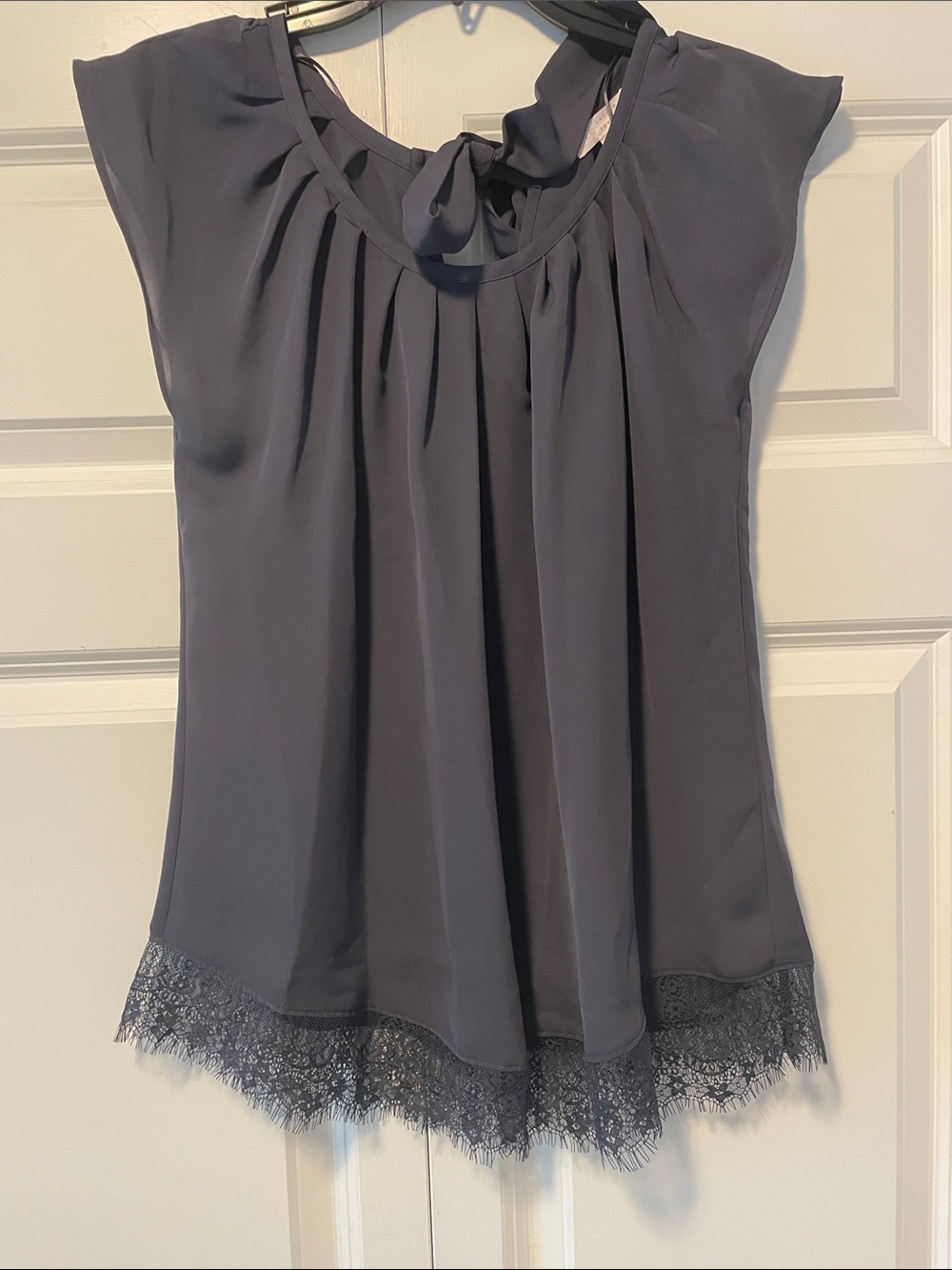 LC Lauren Conrad Slate Blue Tie-Neck Sleeveless Blouse with Lace Hem
